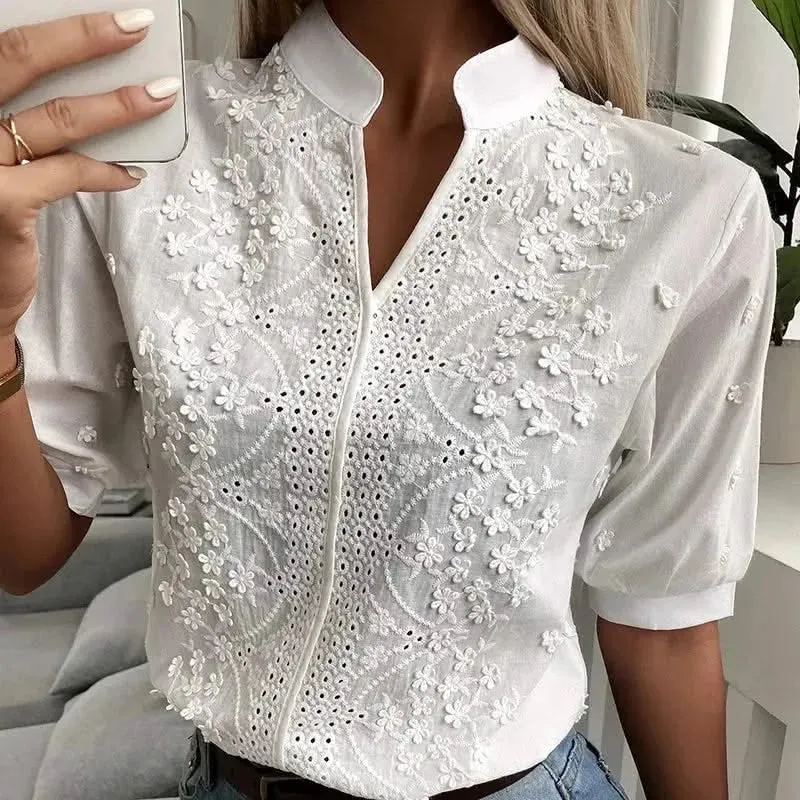 2024 Spring Embroidery Women Blouse - Vintage Cotton Hollow-out Tops