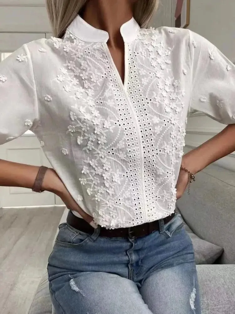 2024 Spring Embroidery Women Blouse - Vintage Cotton Hollow-out Tops