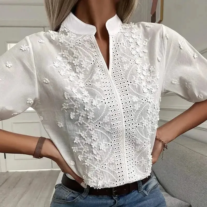 2024 Spring Embroidery Women Blouse - Vintage Cotton Hollow-out Tops