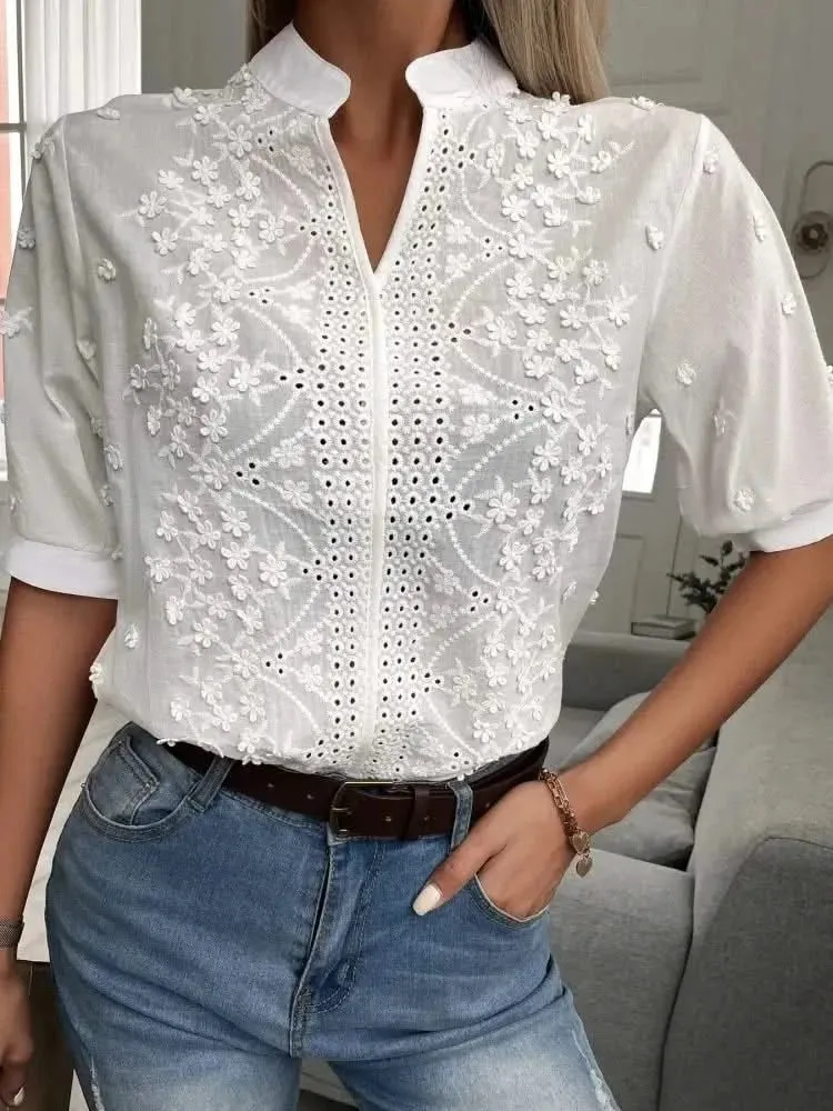 2024 Spring Embroidery Women Blouse - Vintage Cotton Hollow-out Tops