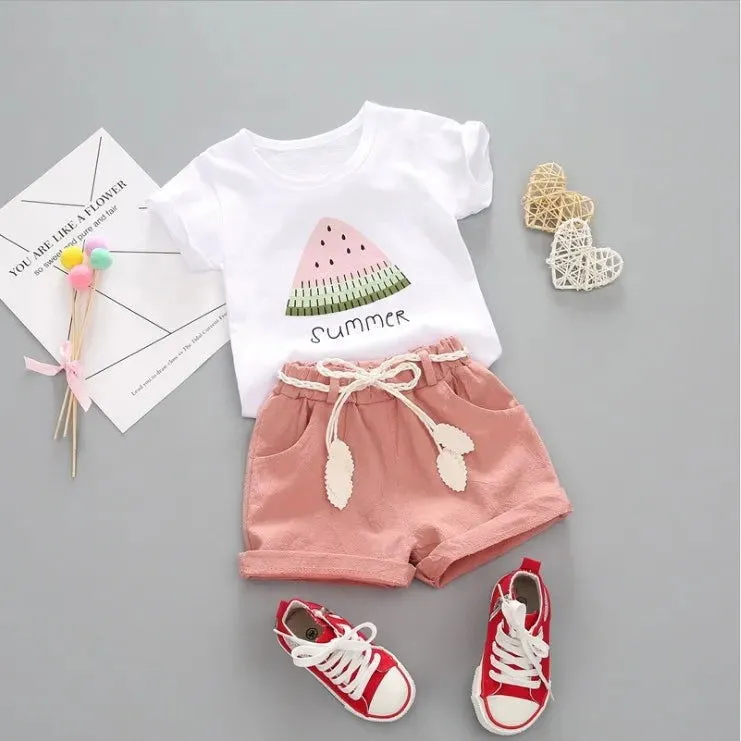 2pcs outfit short sleeve girls shorts set*