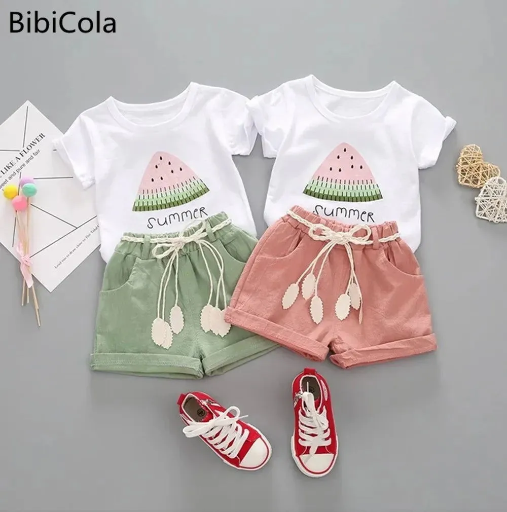 2pcs outfit short sleeve girls shorts set*