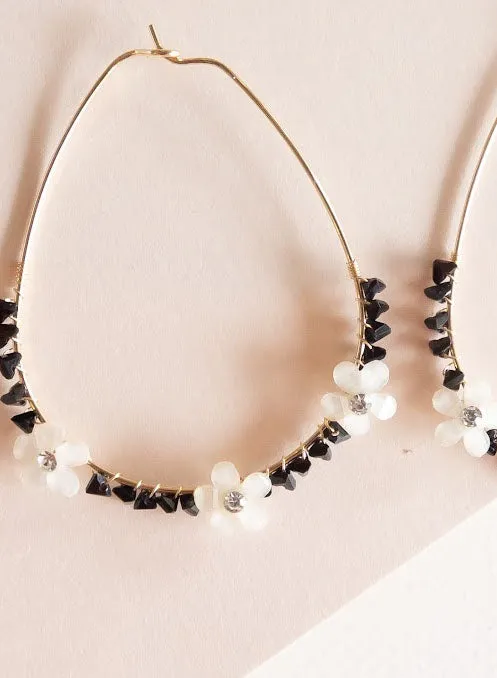 Alexa Flowered Teardrop Hoop | Black and White Delicate Earring