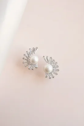 Allie Pearl Stud Earrings | Silver Crystal Studs | Wedding Special Occasion Accessories