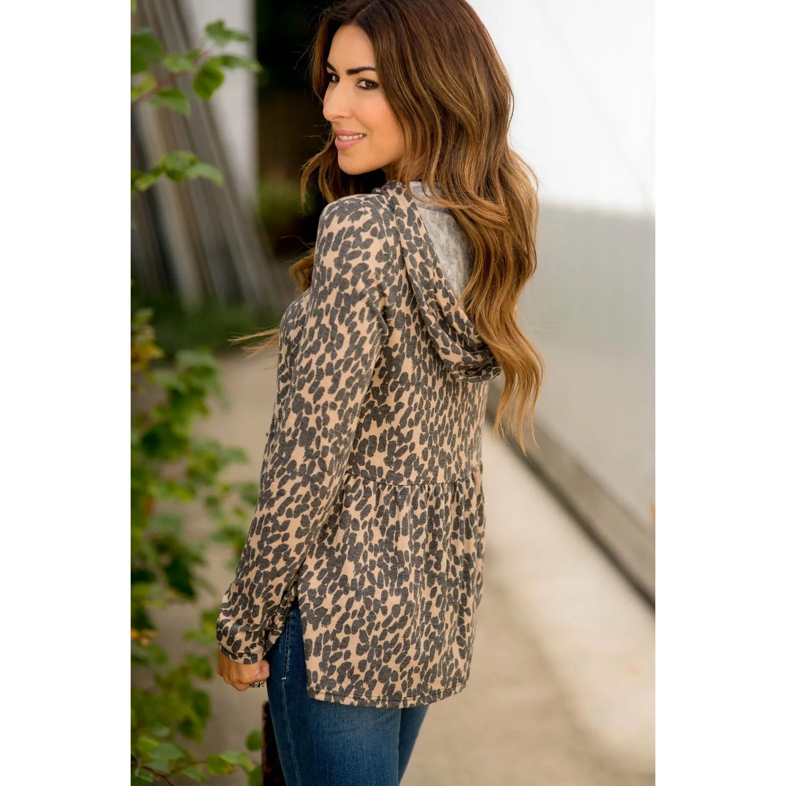 Animal Print Loose Peplum Hoodie