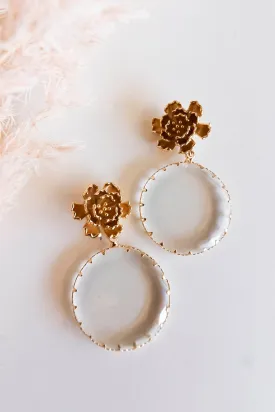 Aubrey Floral Drop Earrings | Clear Round Crystal with Gold Metal Floral Detail | Special Occasion Accessories