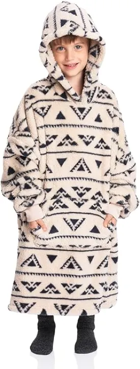 Beige Print Kids Sherpa Hoodie Blanket - Ultimate Coziness for Play, Sleep, and Adventure