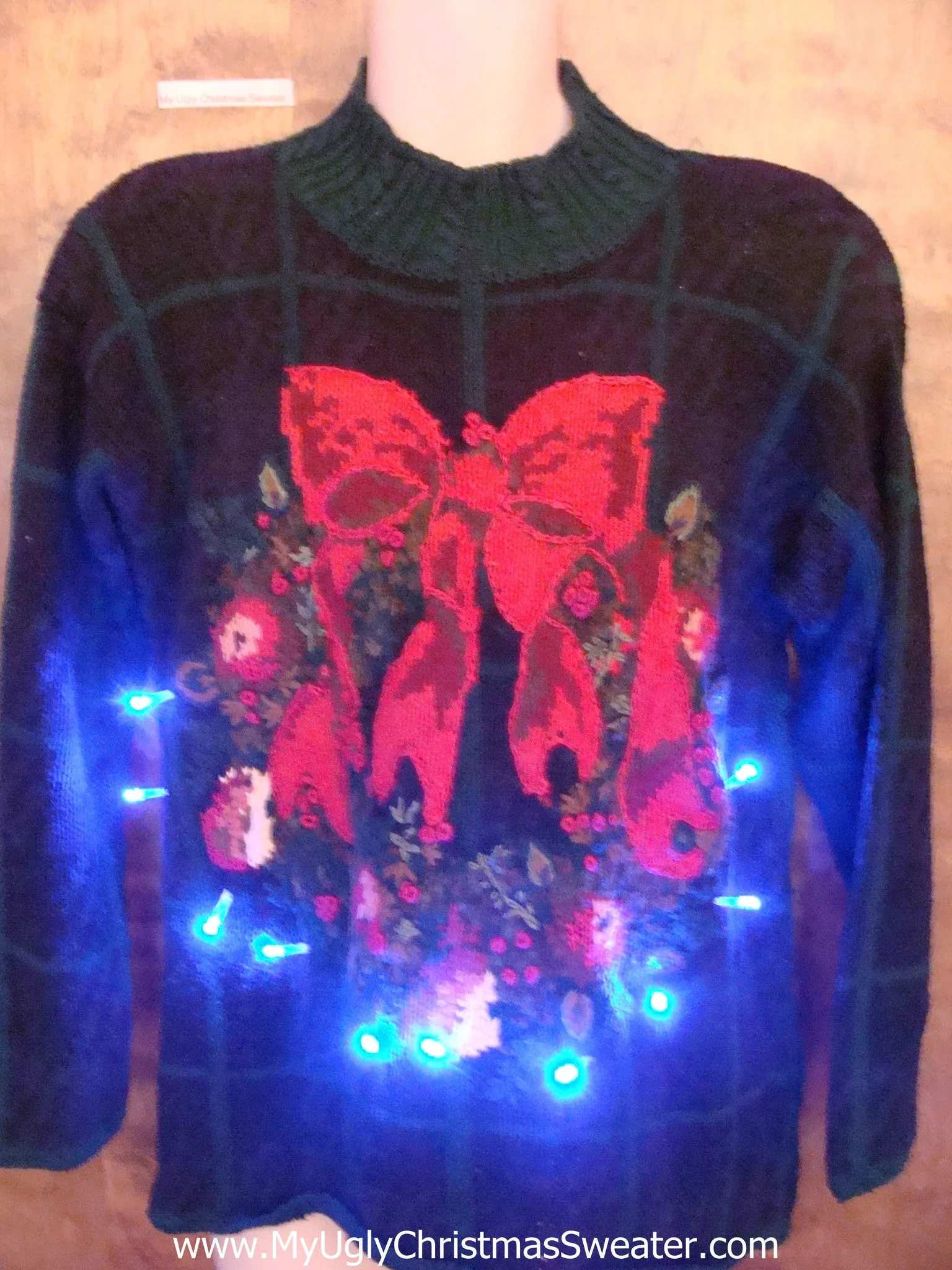 Big Red Bow 80s Cute Christmas Sweater with Lights