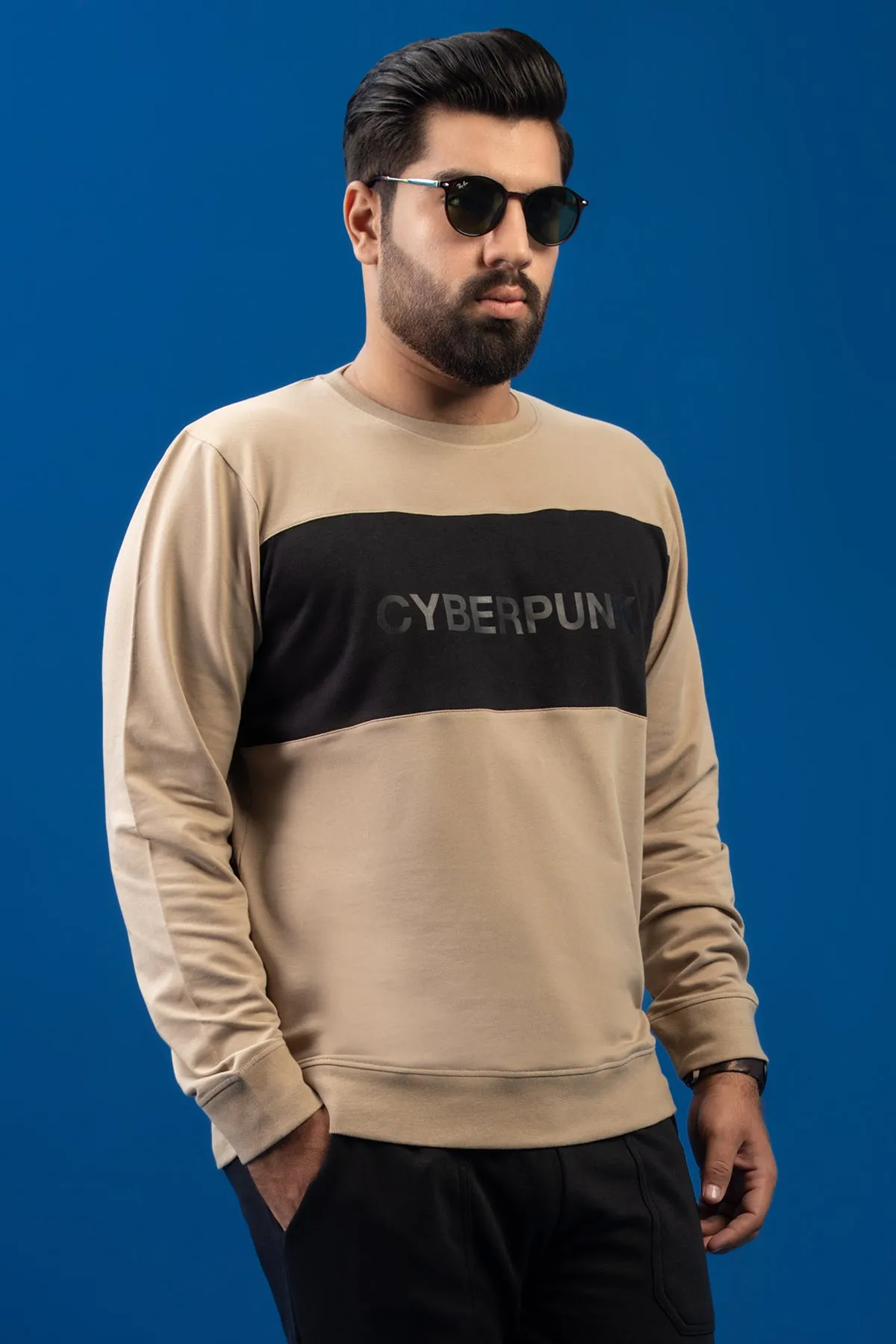 Black Paneled CyberPunk Printed Sweatshirt (Plus Size) - W23 - MSW075P