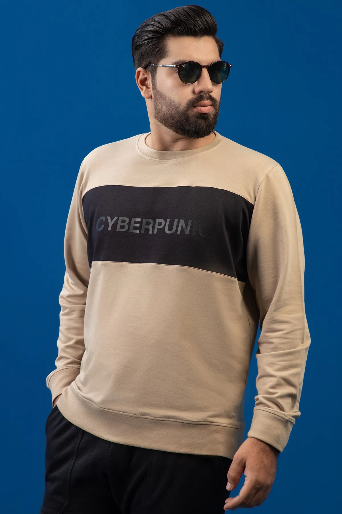 Black Paneled CyberPunk Printed Sweatshirt (Plus Size) - W23 - MSW075P