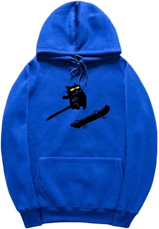 CORIRESHA Funny Cat Skateboard Drawstring Long Sleeve Kangaroo Pocket Hoodie Sweatshirt