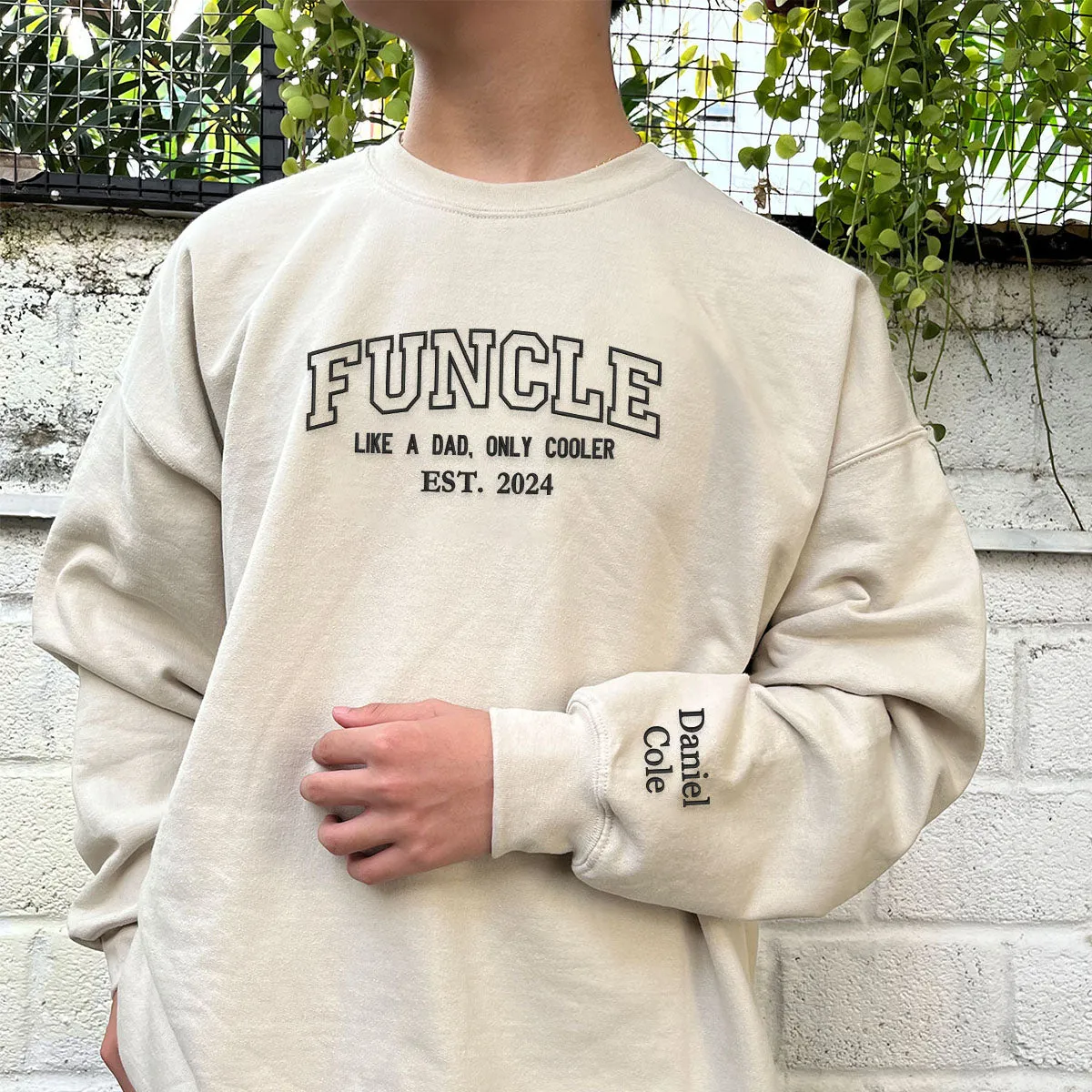 Custom Embroidered Funcle Sweatshirt with Nephews Names on Sleeve