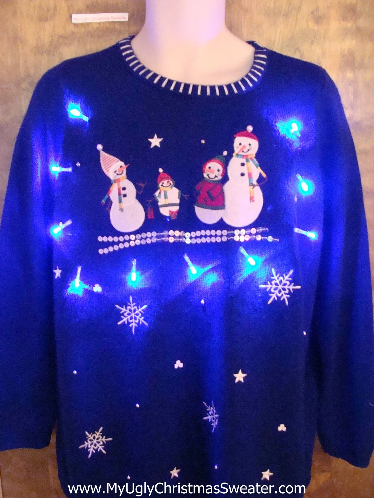 Cute Blue Light Up Ugly Xmas Sweater  Snowman Family