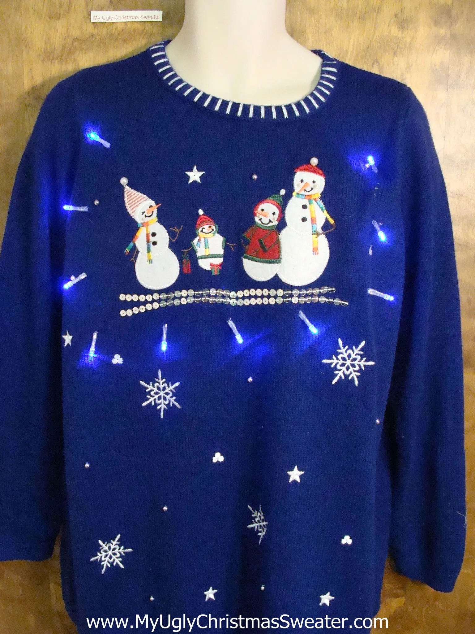 Cute Blue Light Up Ugly Xmas Sweater  Snowman Family