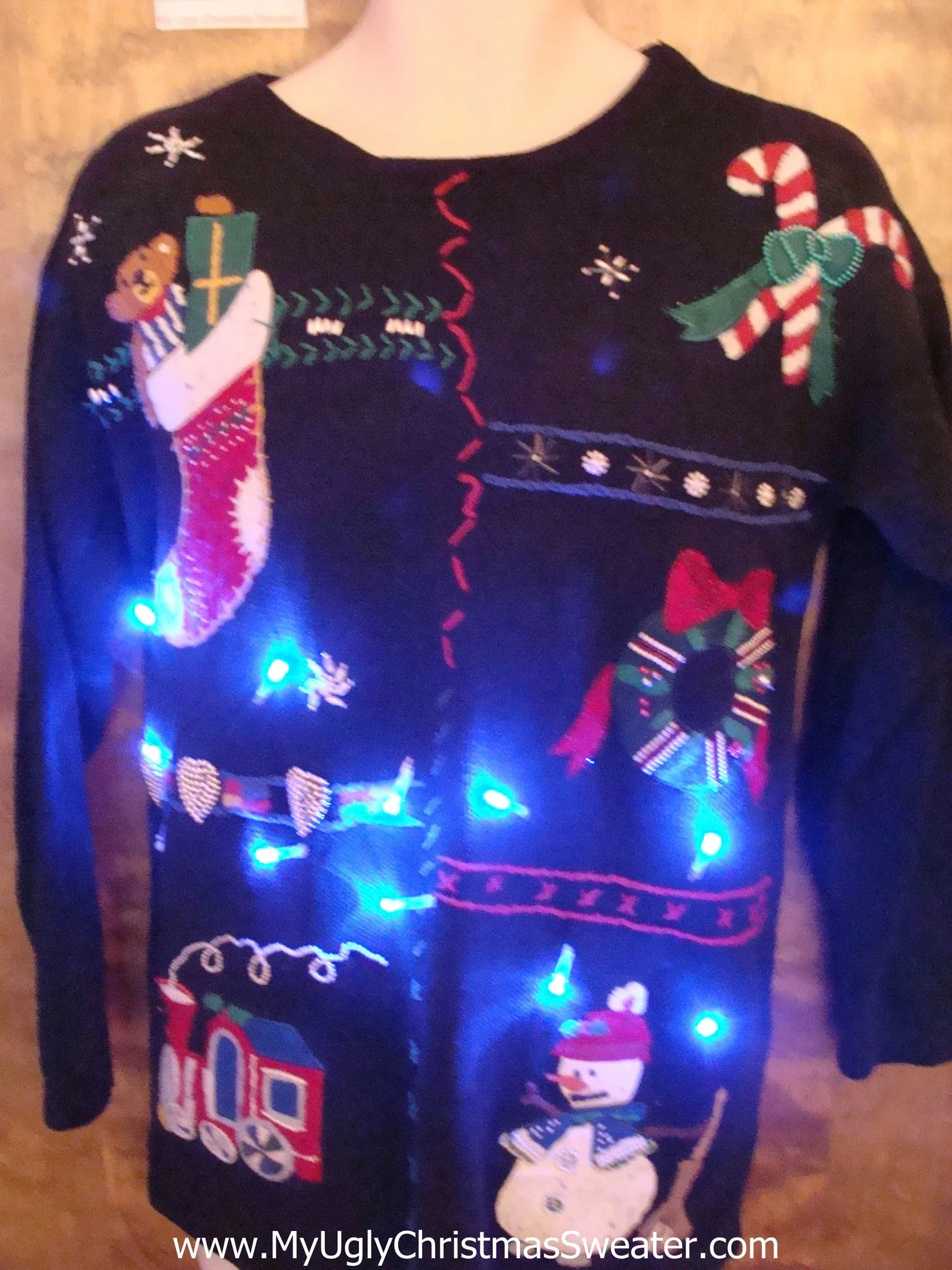 Cute Christmas Sweater with Lights with Candycanes and Stocking