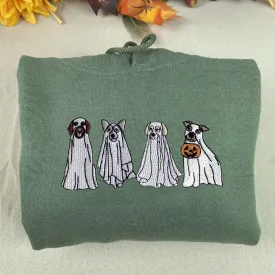 Cute Ghost Dog Halloween Sweatshirt Embroidered, Dog Lovers Crewneck or Hoodie