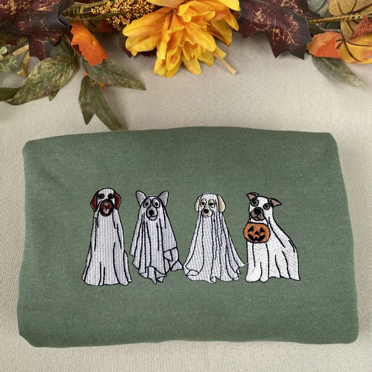 Cute Ghost Dog Halloween Sweatshirt Embroidered, Dog Lovers Crewneck or Hoodie