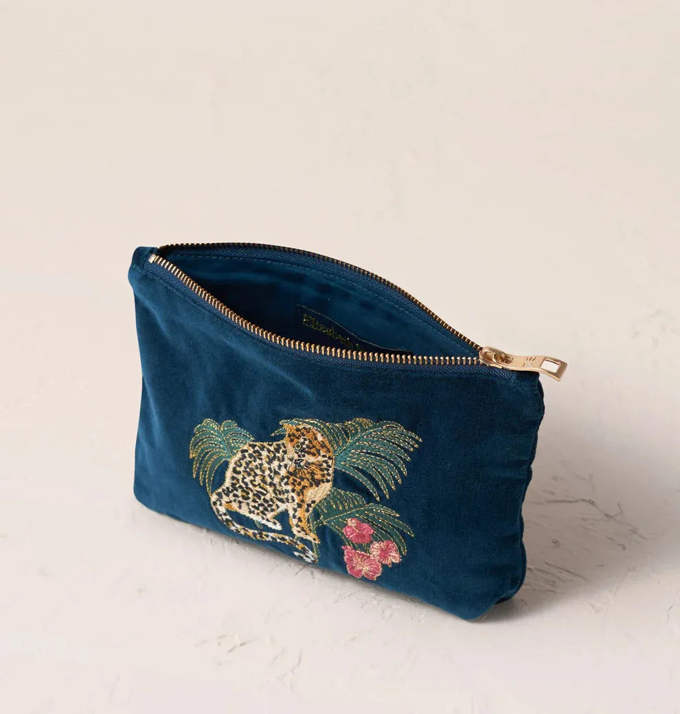 Elizabeth Scarlett Jungle Jaguar Ink Blue Velvet Mini Pouch