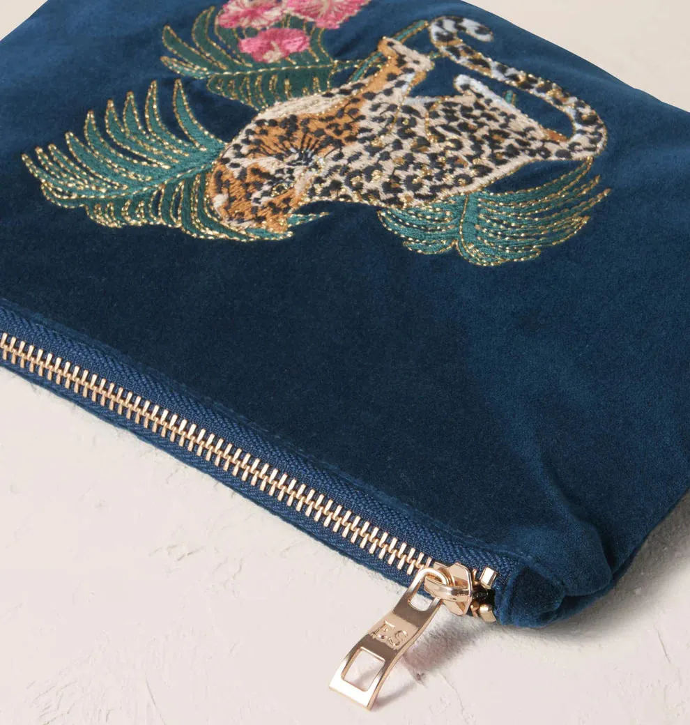 Elizabeth Scarlett Jungle Jaguar Ink Blue Velvet Mini Pouch