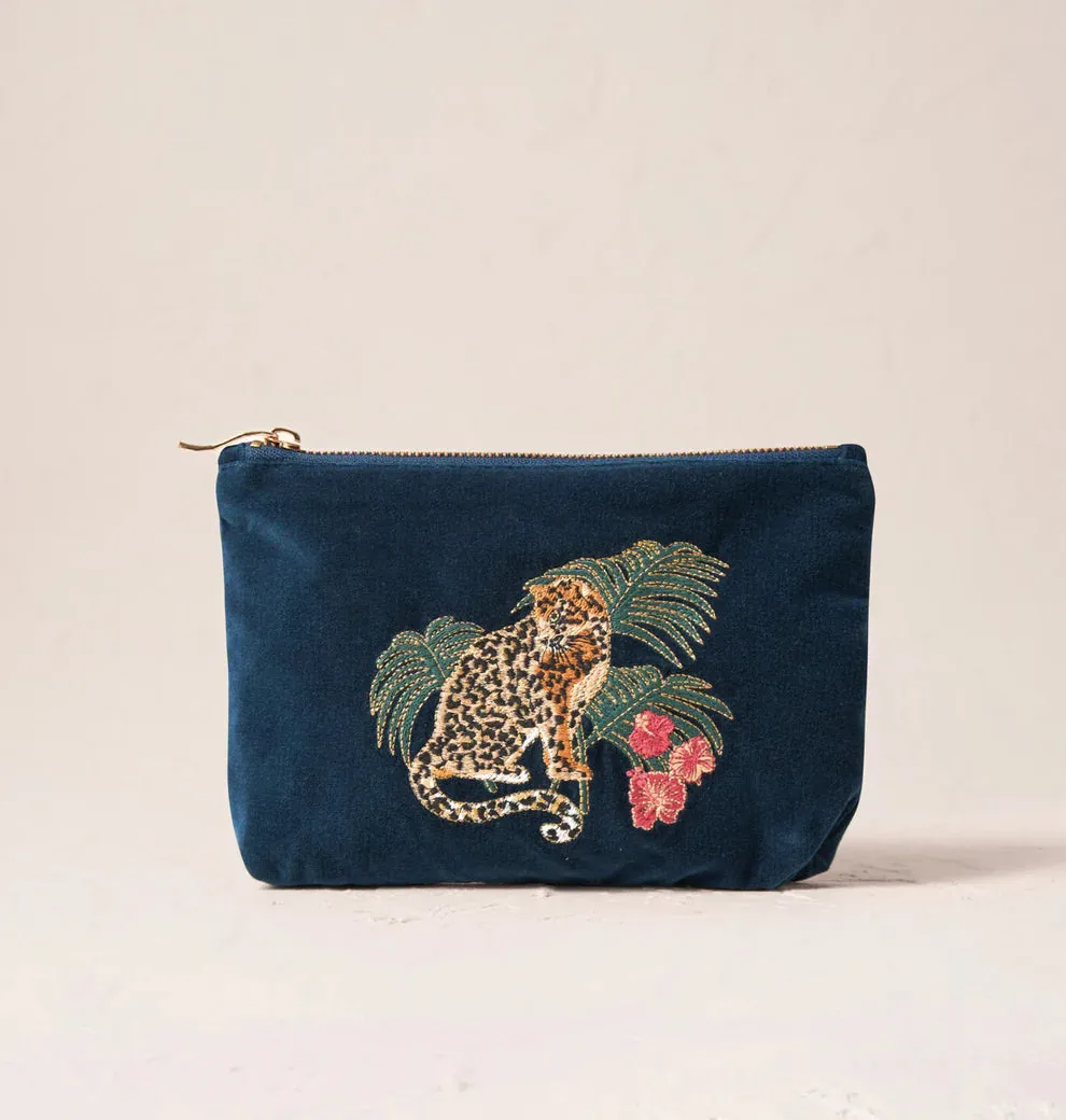 Elizabeth Scarlett Jungle Jaguar Ink Blue Velvet Mini Pouch