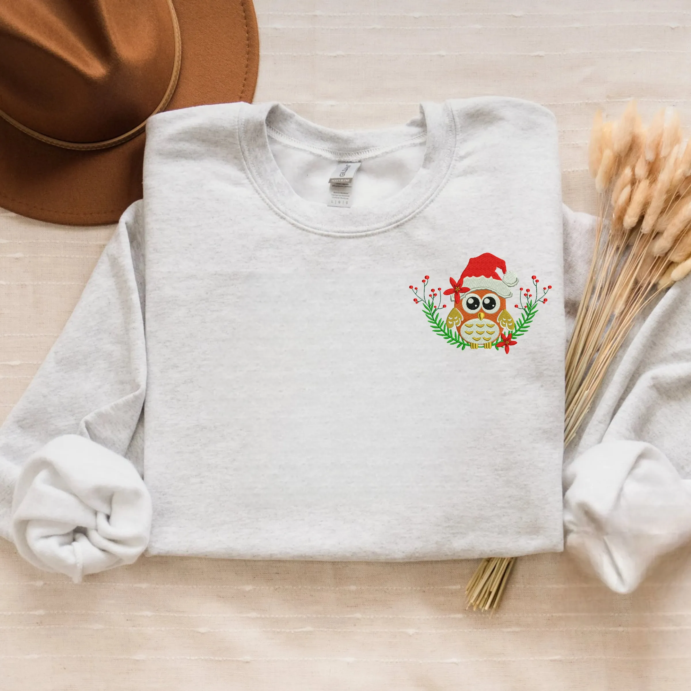 Embroidered Christmas Owl Sweatshirt, Cute Owl Santa on Pocket Crewneck or Hoodie