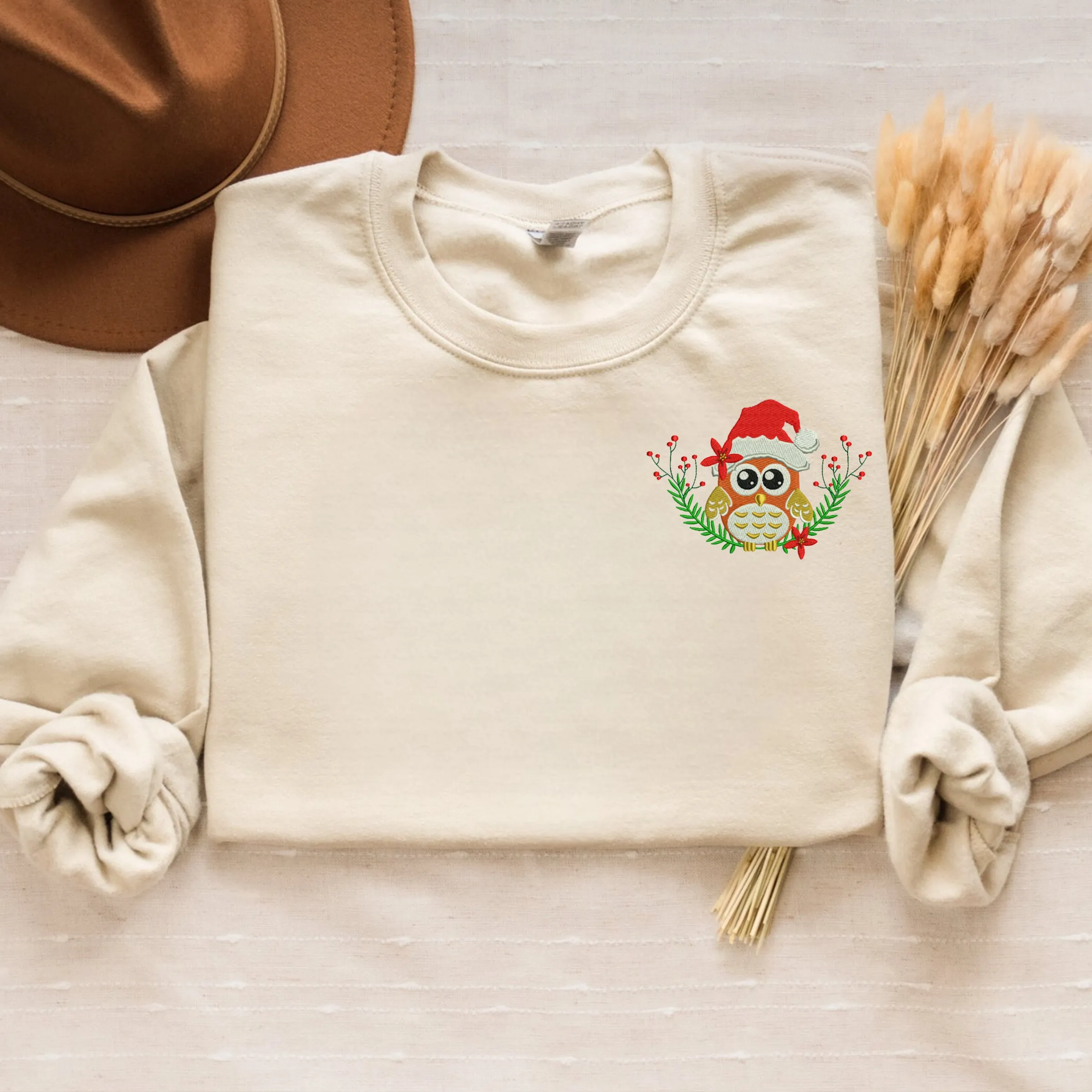 Embroidered Christmas Owl Sweatshirt, Cute Owl Santa on Pocket Crewneck or Hoodie