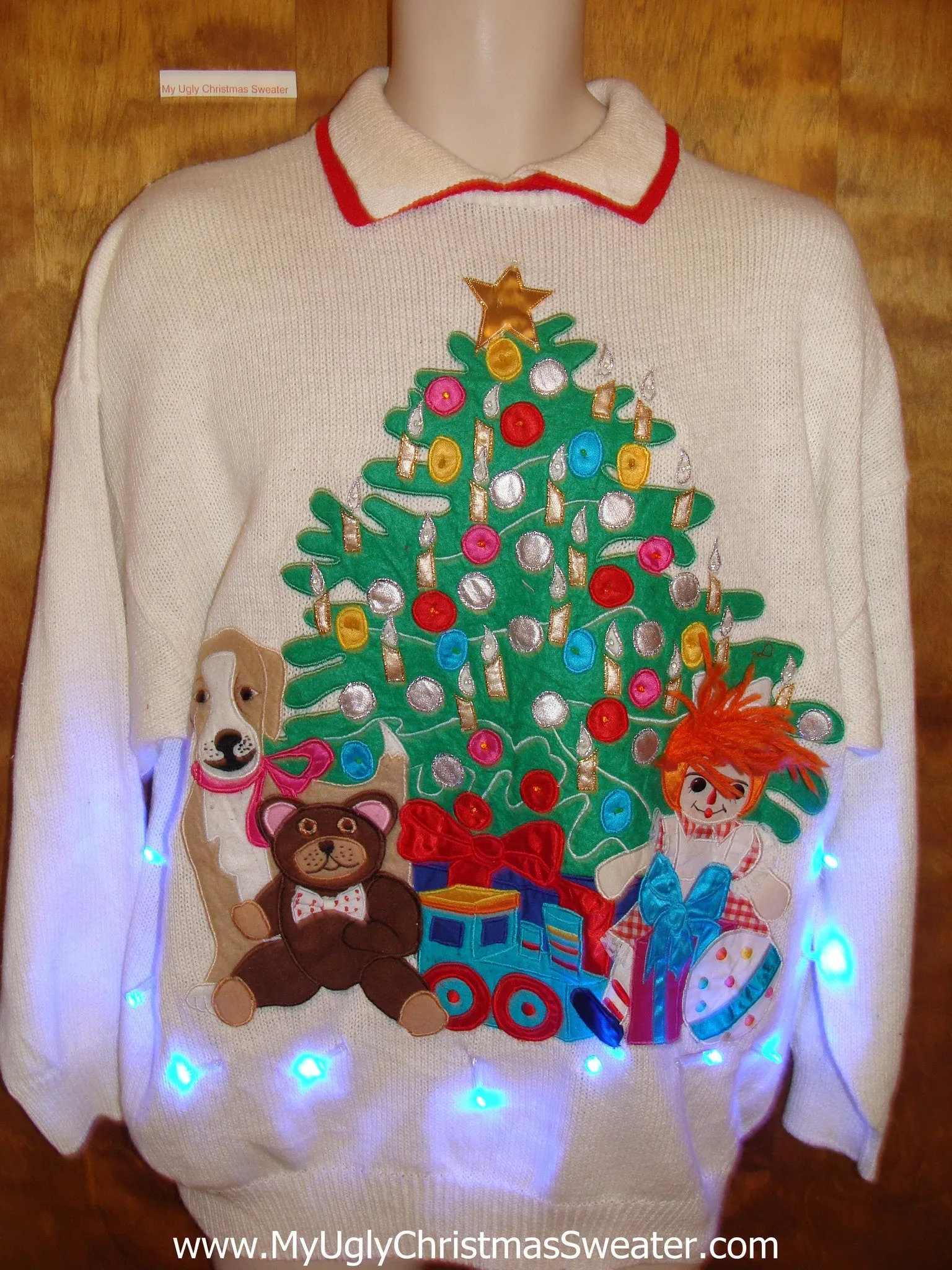 Funny 80s Tree with Dog and Toys Light Up Ugly Christmas Jumper