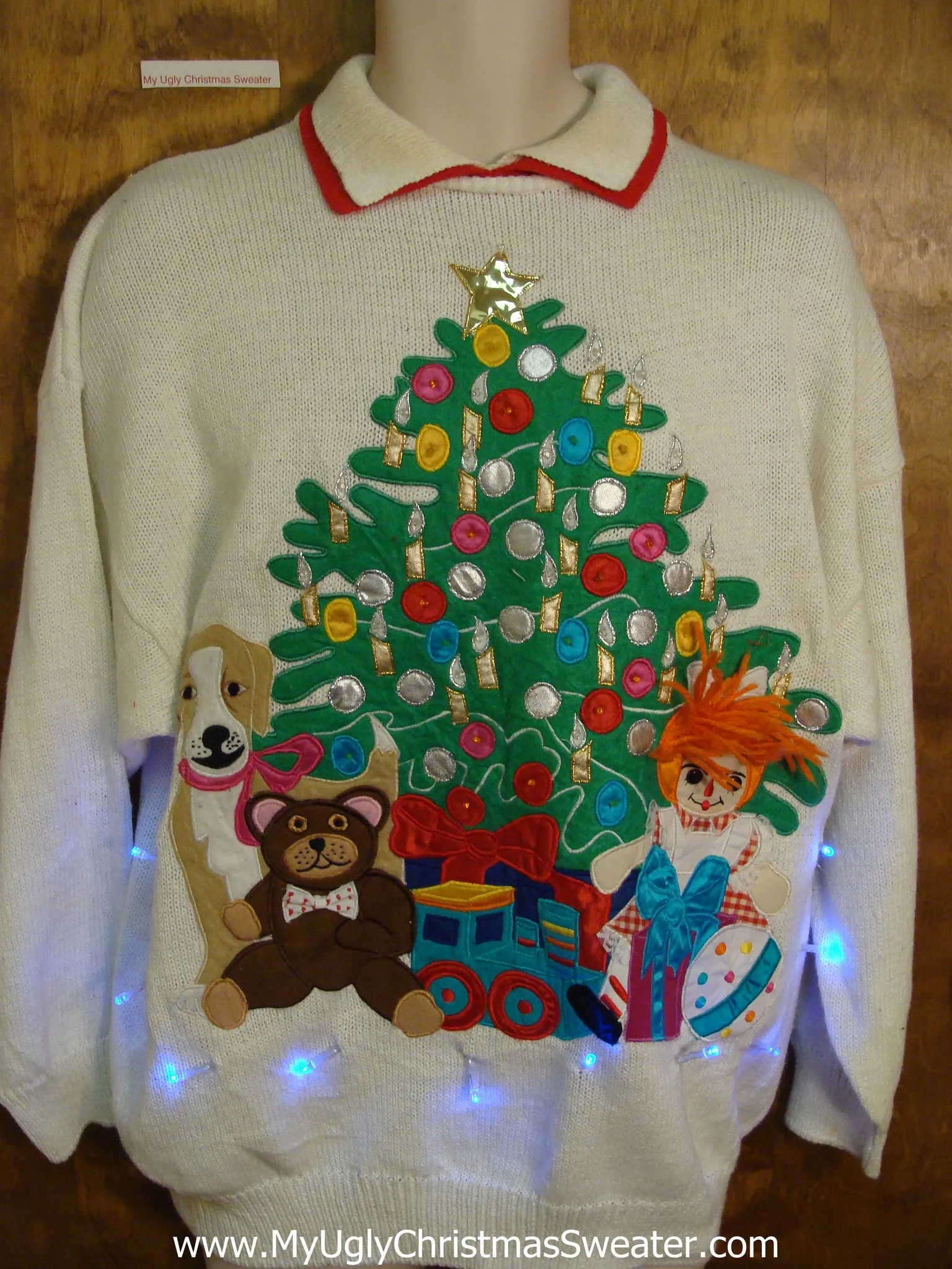 Funny 80s Tree with Dog and Toys Light Up Ugly Christmas Jumper