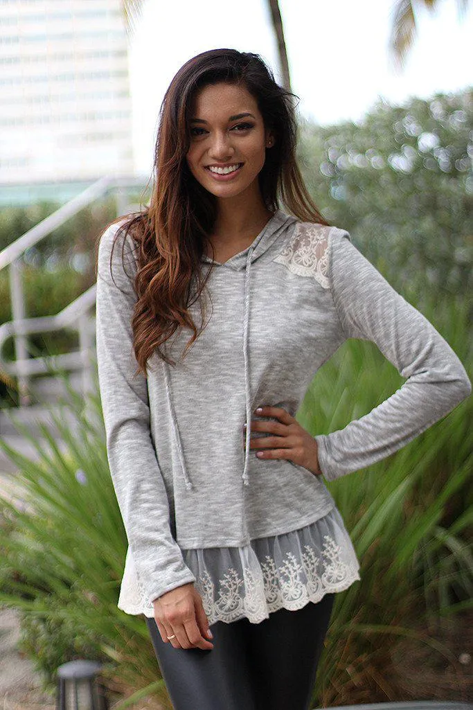 Gray Hoodie With Lace Trim