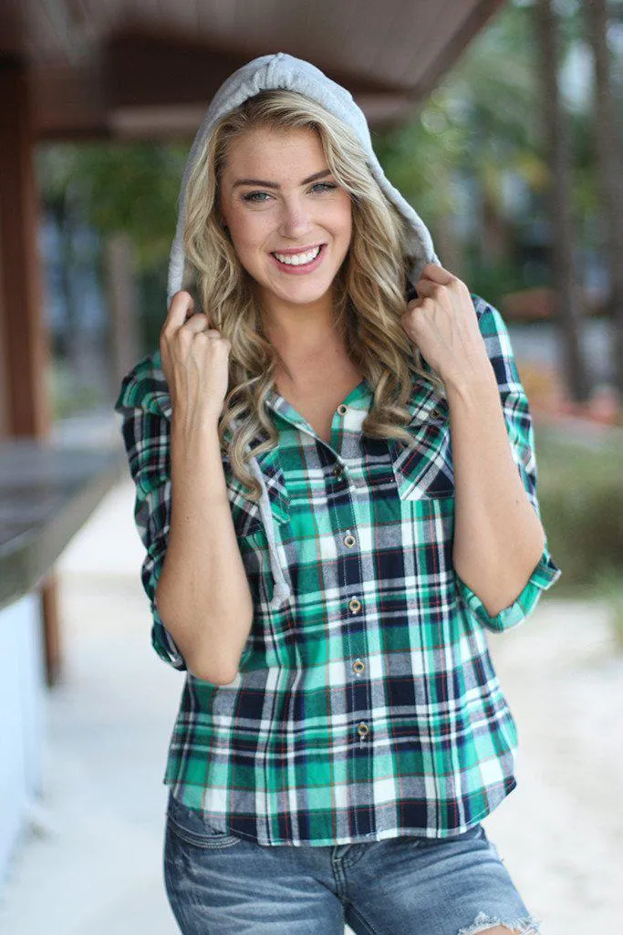 Green Plaid Hooded Top