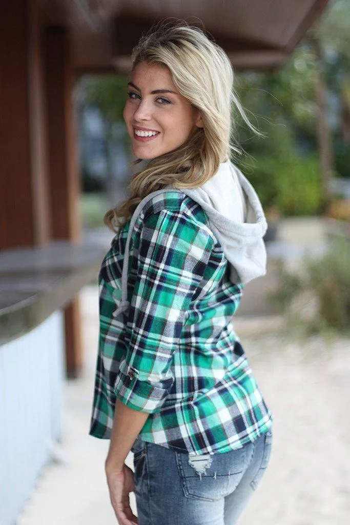 Green Plaid Hooded Top