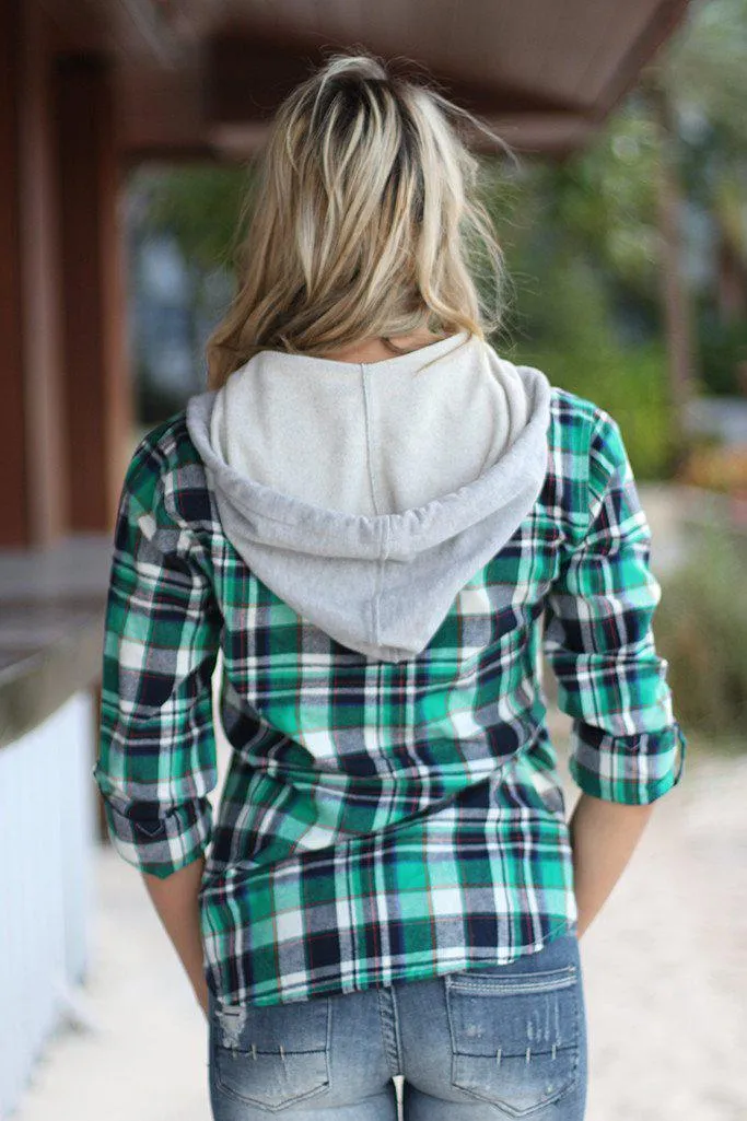 Green Plaid Hooded Top