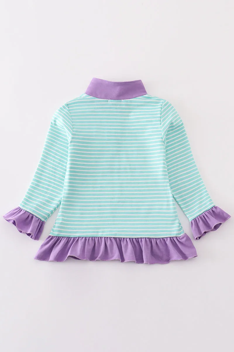 Green stripe princess embroidery girl pullover