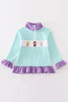 Green stripe princess embroidery girl pullover