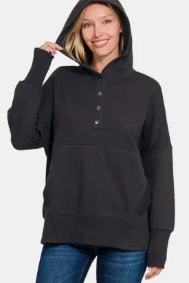 Half Snap Long Sleeve Hoodie with Kangaroo Pocket - Black