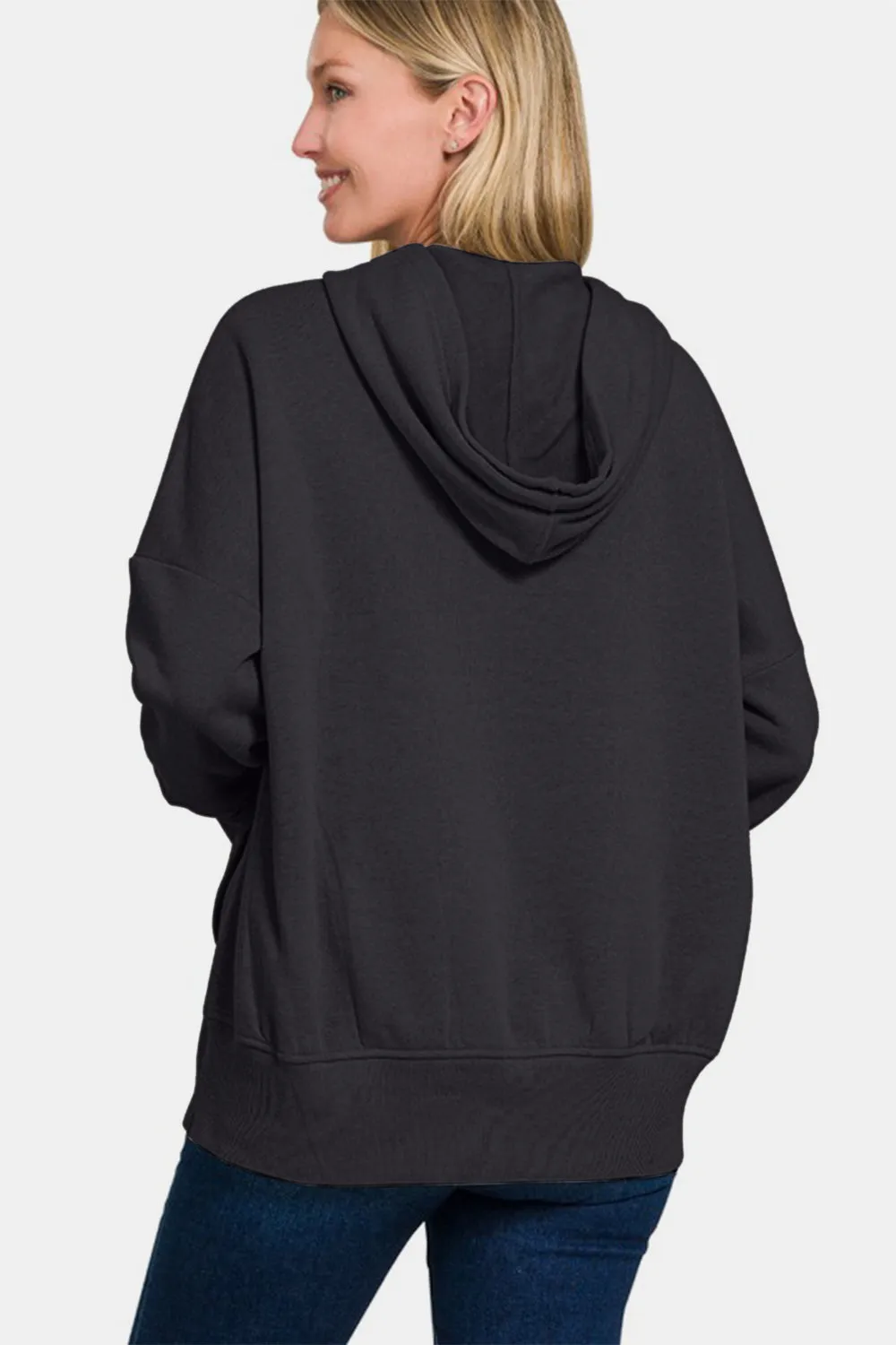 Half Snap Long Sleeve Hoodie with Kangaroo Pocket - Black