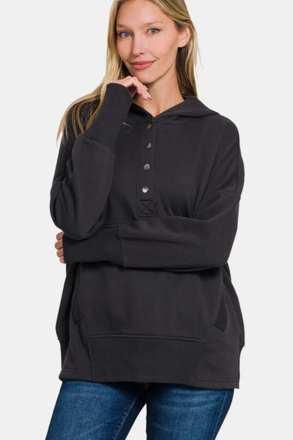 Half Snap Long Sleeve Hoodie with Kangaroo Pocket - Black