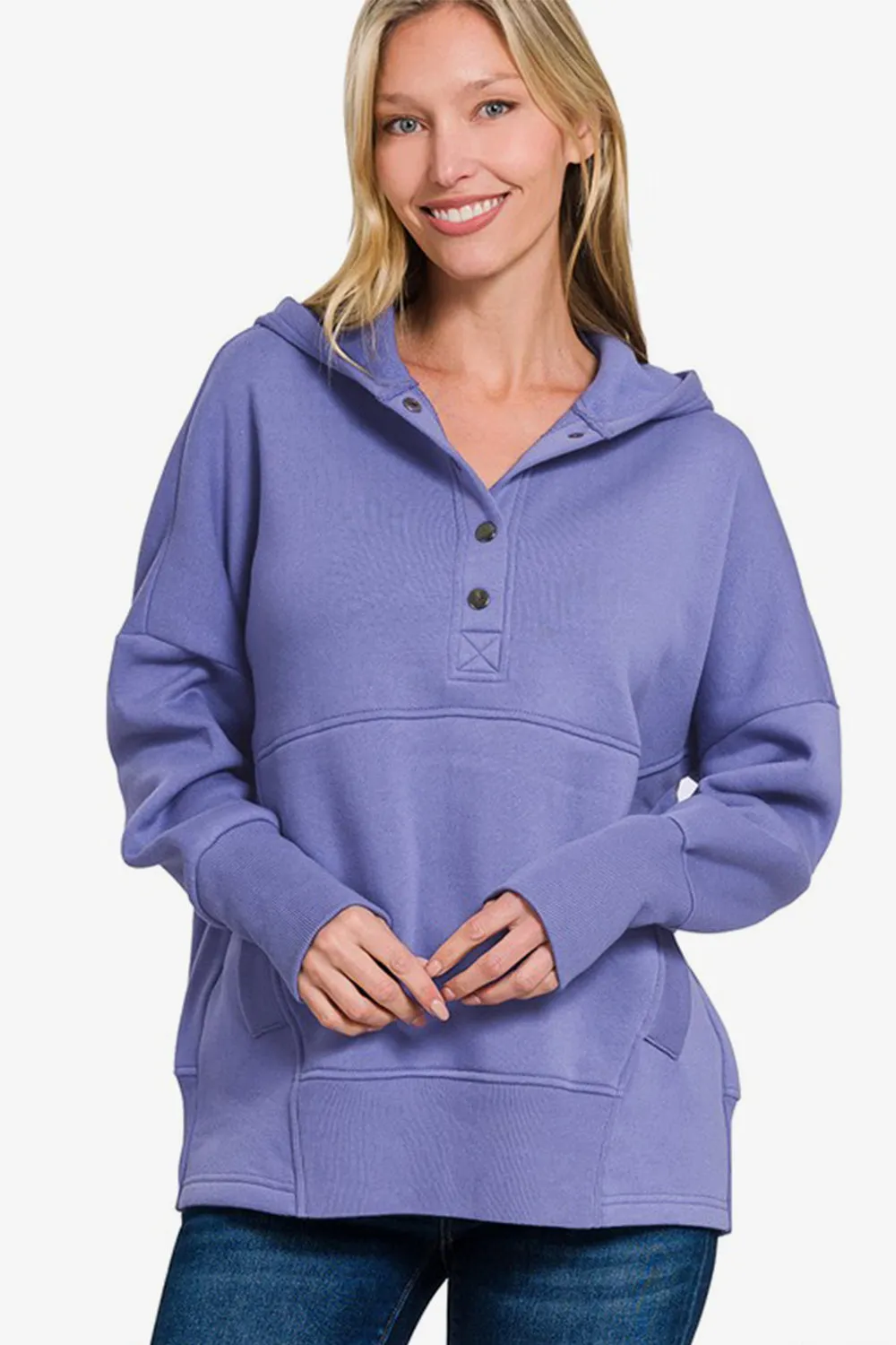 Half Snap Long Sleeve Hoodie with Kangaroo Pocket - Blue Purple