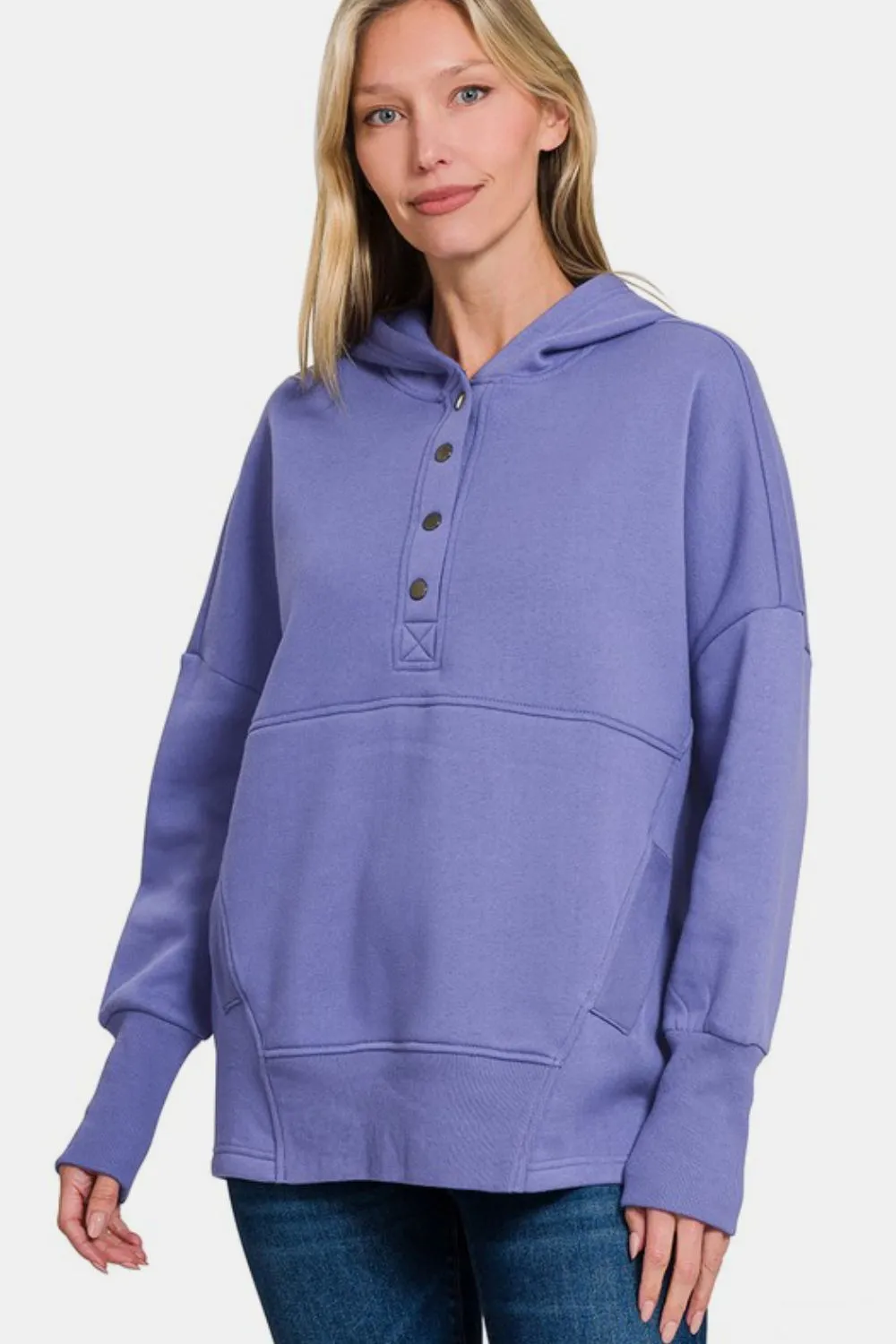 Half Snap Long Sleeve Hoodie with Kangaroo Pocket - Blue Purple