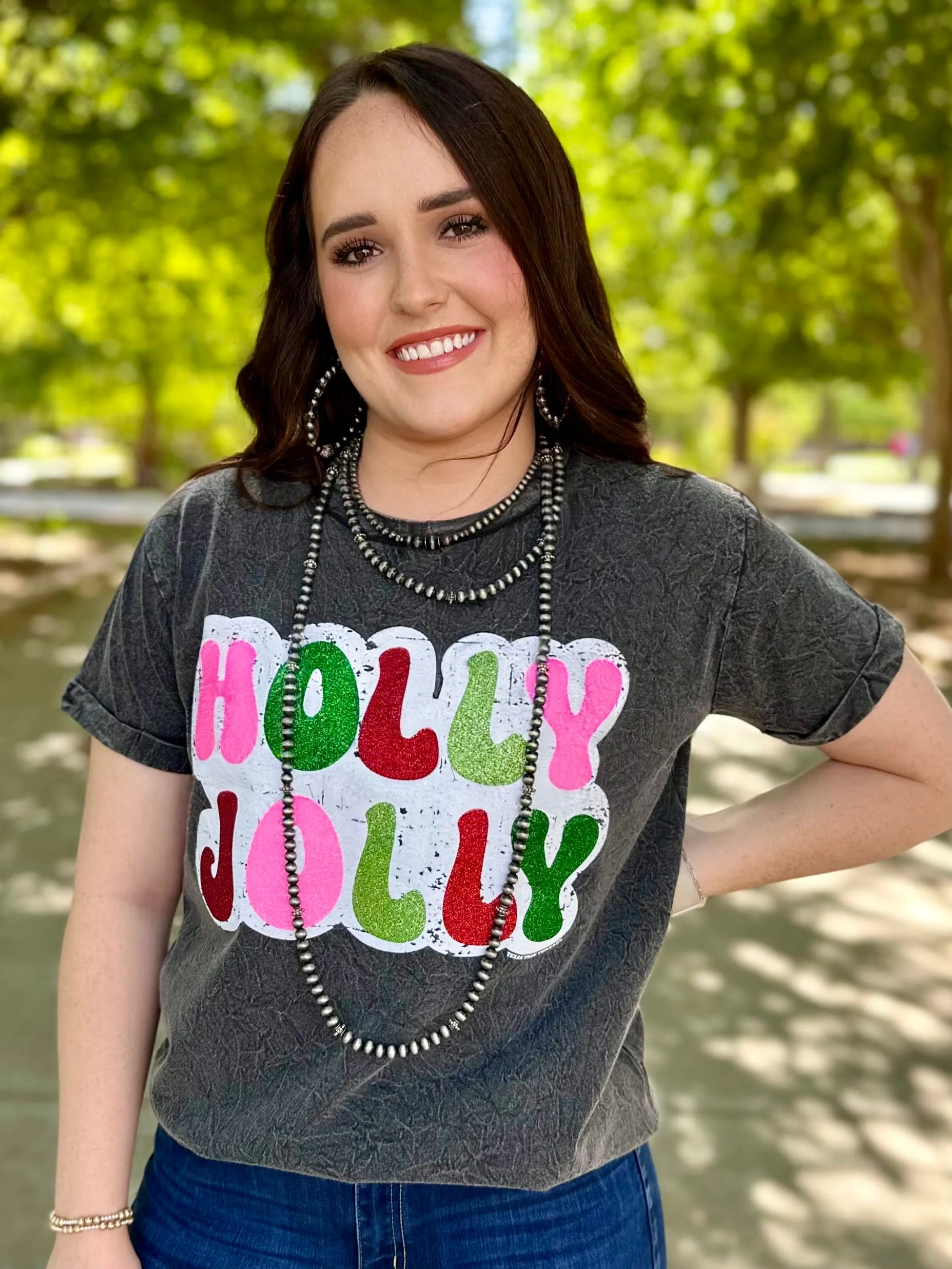 Holly Jolly in Glitter on Black Mineral Wash Short Sleeve Tee by Texas True Threads