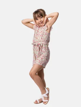 Junior Girl Stephanie French Collection Short Sleeves Summer Romper with Waistband and Ruffles - Cream