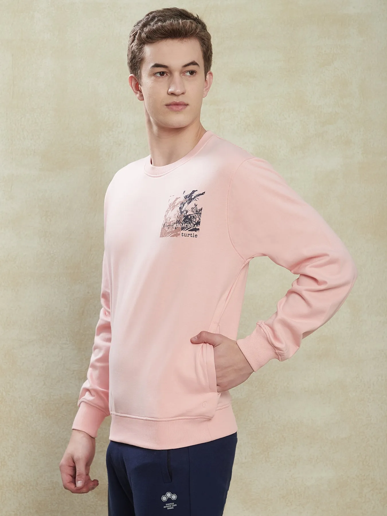 Knitted Light Pink Printed Regular Fit Full Sleeve Casual Sweatshirt