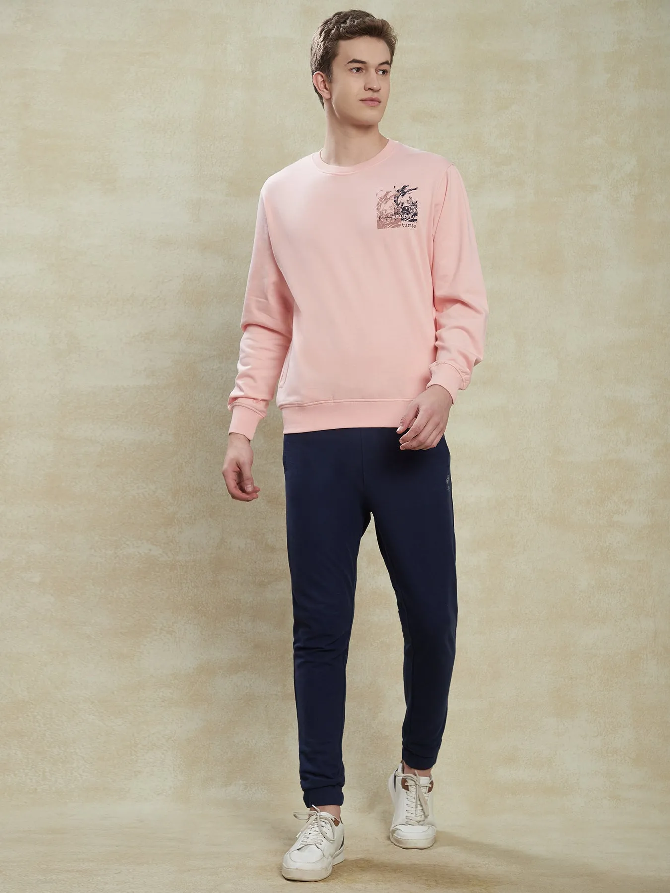 Knitted Light Pink Printed Regular Fit Full Sleeve Casual Sweatshirt