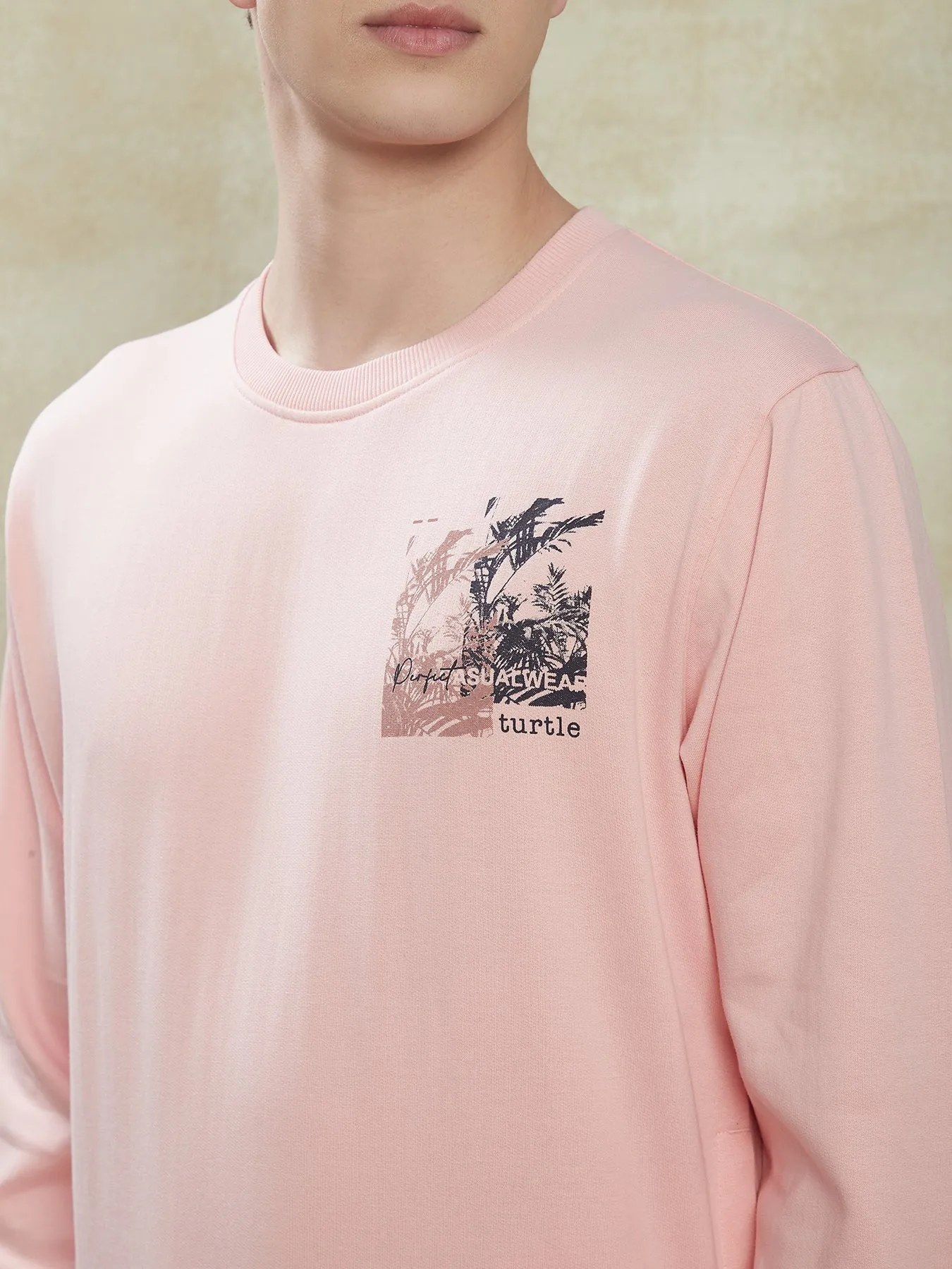 Knitted Light Pink Printed Regular Fit Full Sleeve Casual Sweatshirt