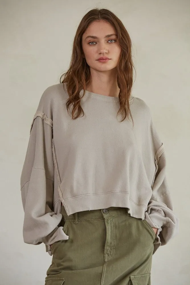 Light Taupe Cropped Sweatshirt with Cuffed Sleeve