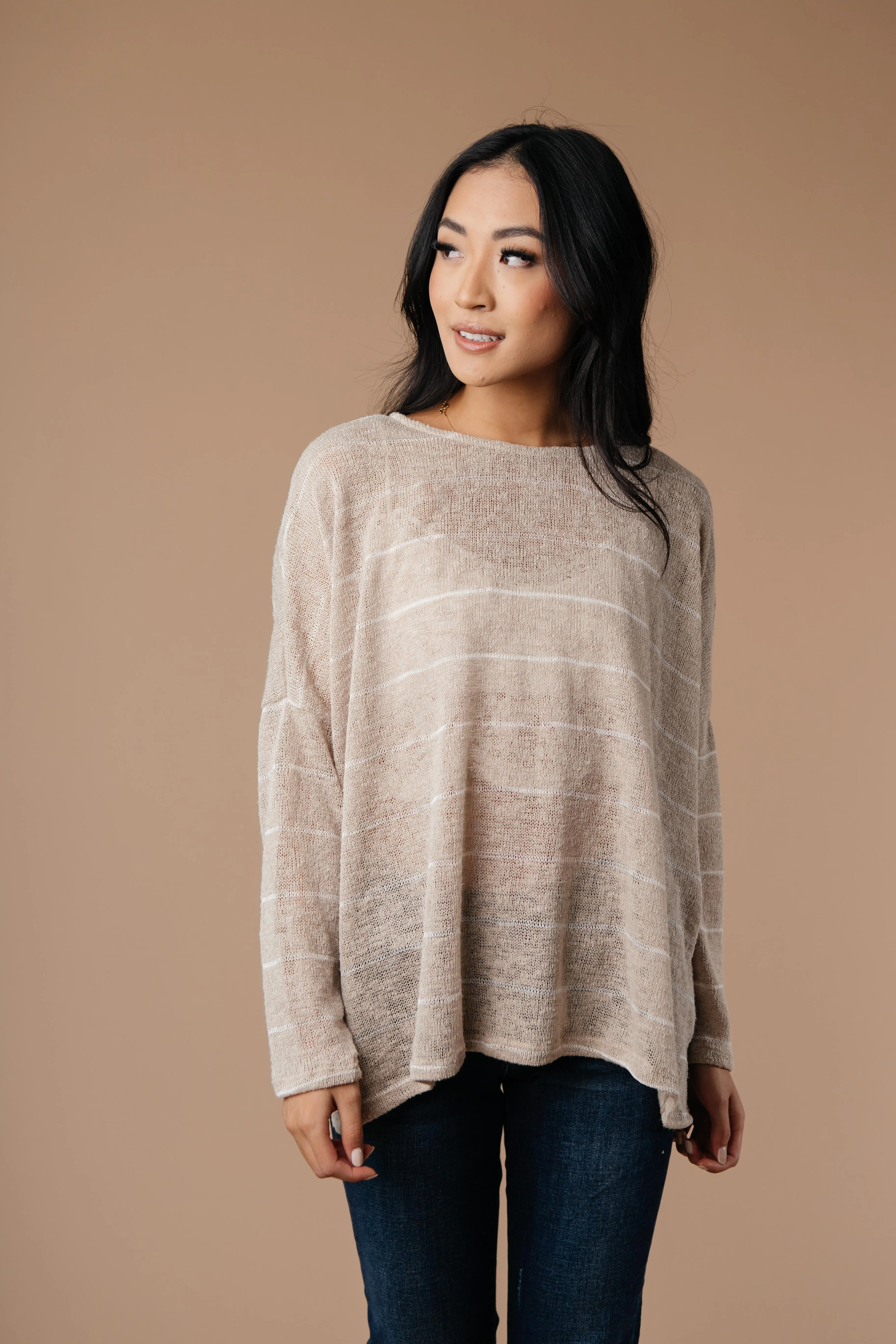 Lightweight Striped Pullover In Taupe - On Hand