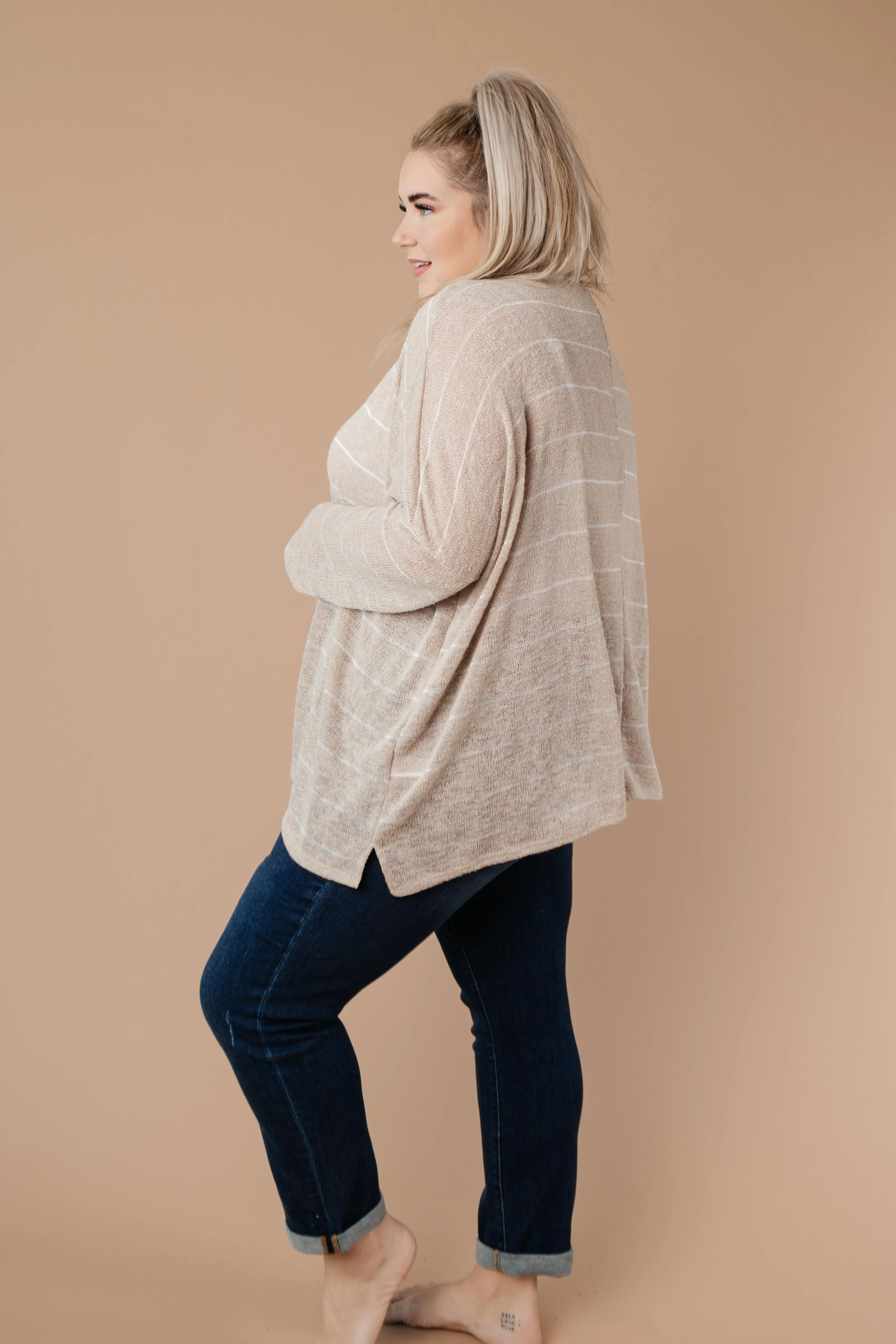 Lightweight Striped Pullover In Taupe - On Hand