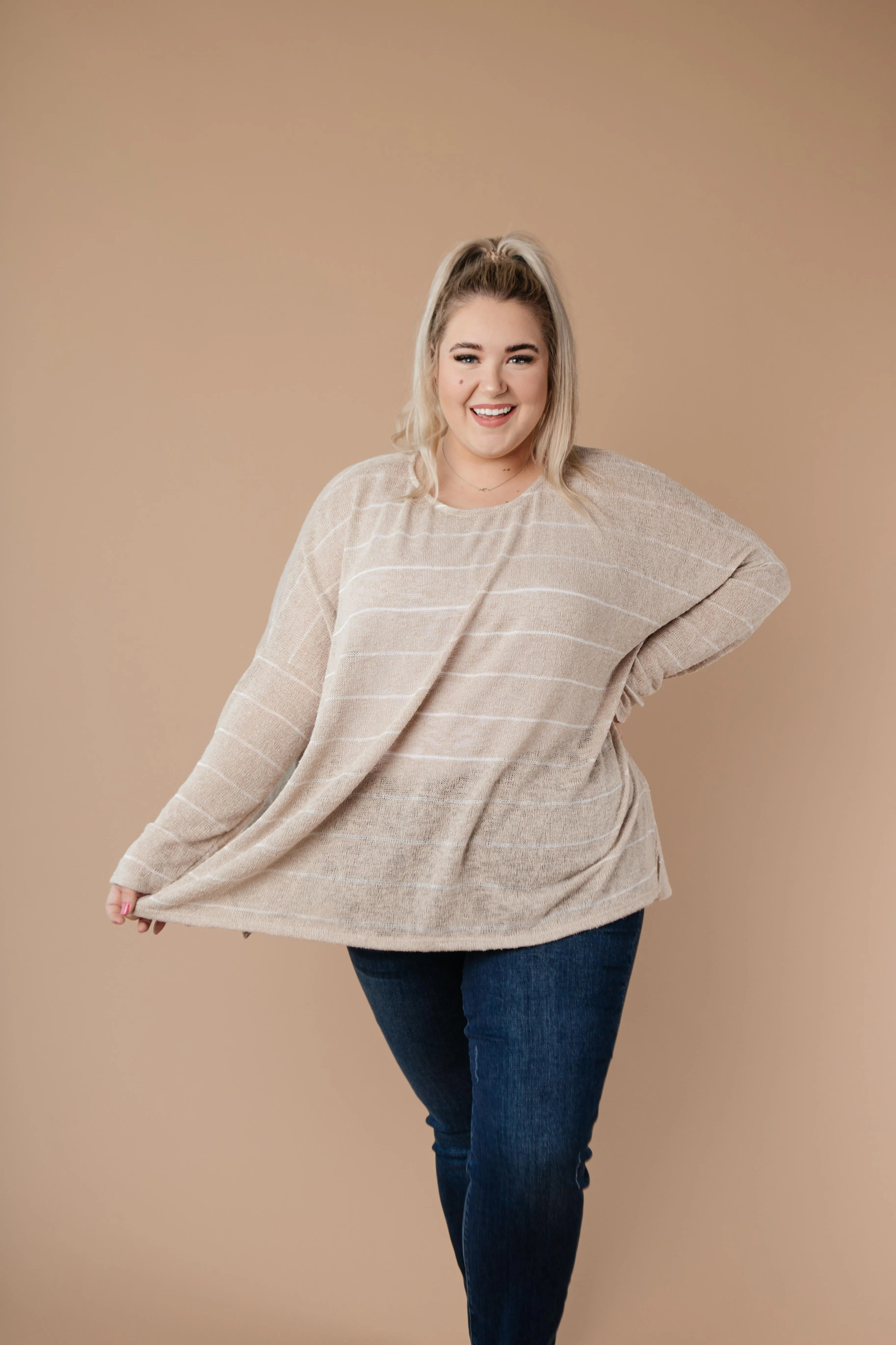 Lightweight Striped Pullover In Taupe - On Hand