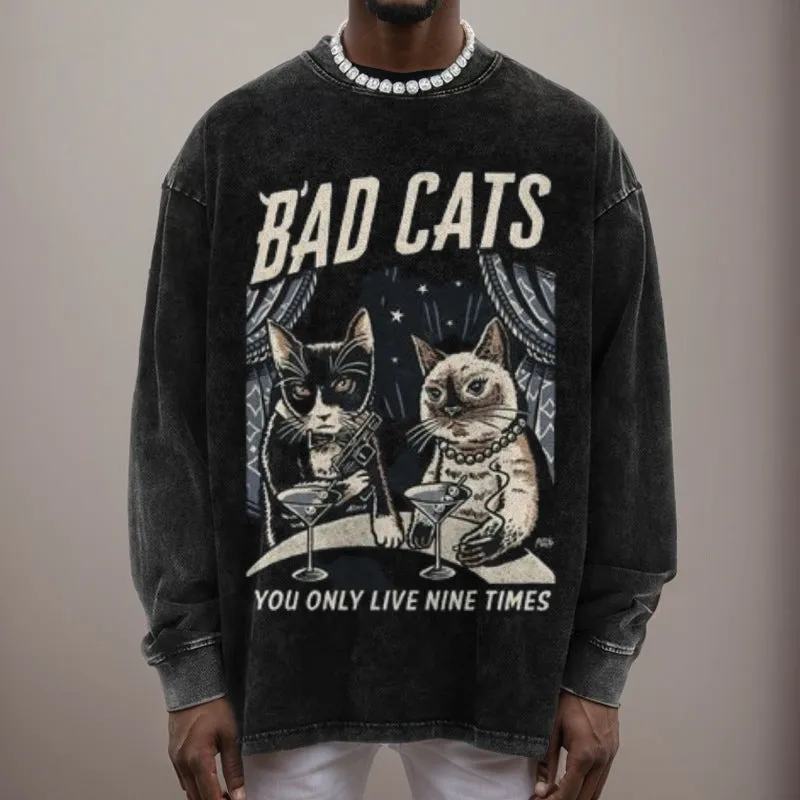 Mens Vintage Bad Cats Print Sweatshirt