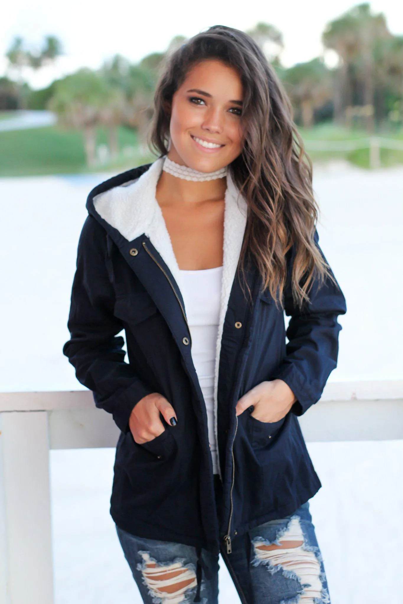 Navy Jacket with Wool Lined Hood